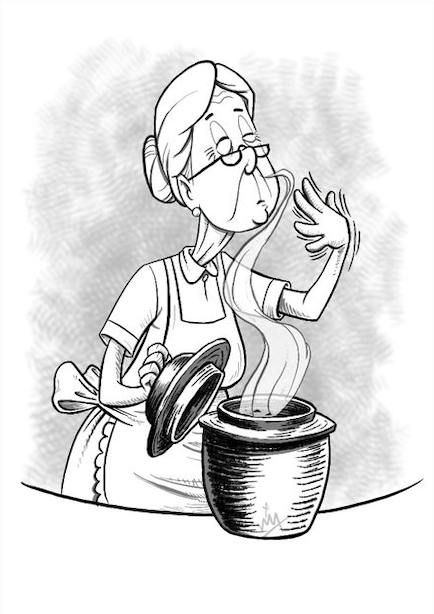 Illustration of a Korean grandmother assessing kimchi