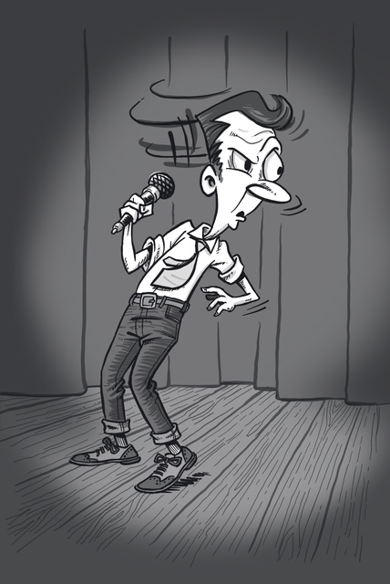 Illustration of a stand-up comedian at the microphone